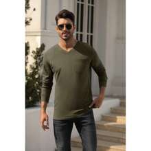 Runcati Men's Long Sleeve V-Neck Tee Shirt Tops With Pocket - xanh quân đội - Xem 3