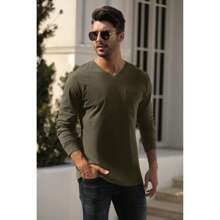 Runcati Men's Long Sleeve V-Neck Tee Shirt Tops With Pocket - xanh quân đội - Xem 2