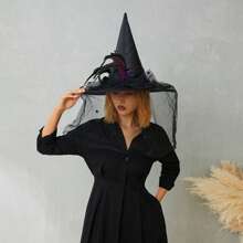 Women Halloween Witch Hat, Vintage Feather Flower Hat With Veil For Cosplay Festival Party - 黑色 - 查看 5