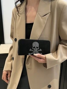 Halloween Skull Print Long Women Wallet, New Design Ripple Print Purse - Black - View 5