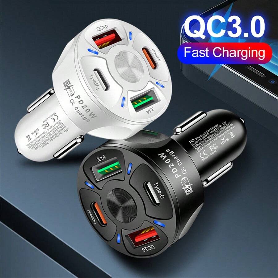 1 件 PD20W 车载充电器 QC3.0 快速充电一拖四汽车点烟器插头 4 车载充电器闪充适用于所有车型 - 多色 - 查看 1