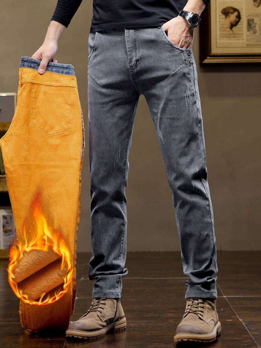 Men's Thick Fleece Warm Slim Straight Jeans