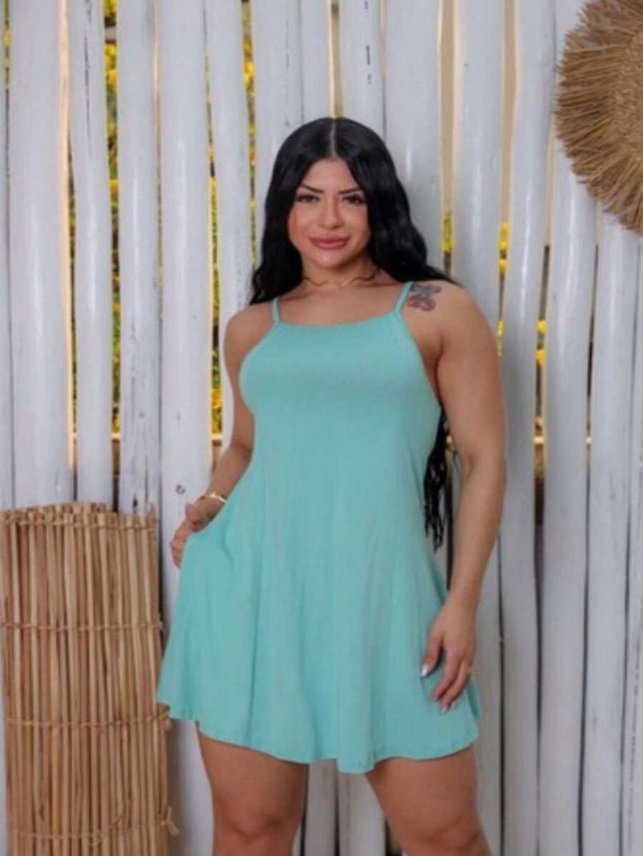 Women's Short Strap Dress With Side Pockets Luxury Top - Màu xanh Bạc hà - Xem 1