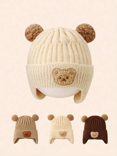 1 件可爱熊针织耳暖帽，幼儿冬季加厚保暖针织混纺帽，韩版婴儿针织帽