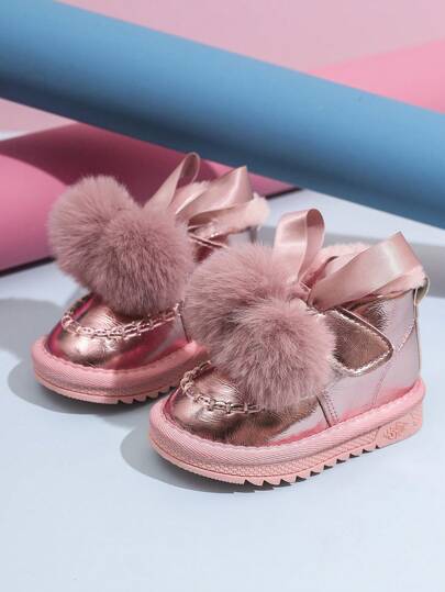 A Pair Of Girl's Children's Boots, Girls' Leather With Plush Insulation, Little Girls' Ankle Boots, Winter Student Snow Boots