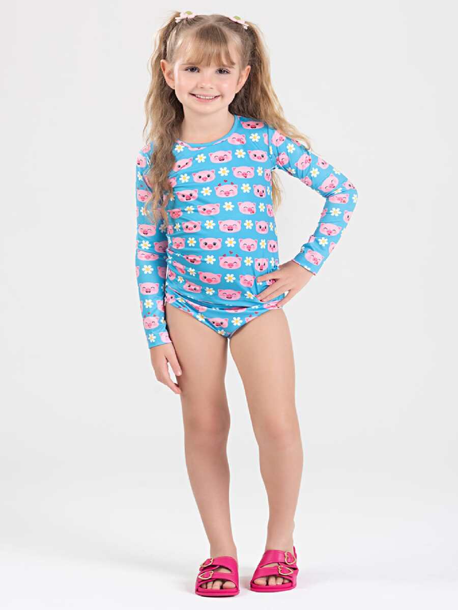 Girls' Hawaii Bikini Set Long Sleeve UV Protection 50+ Little Pigs - 藍色 - 查看 1