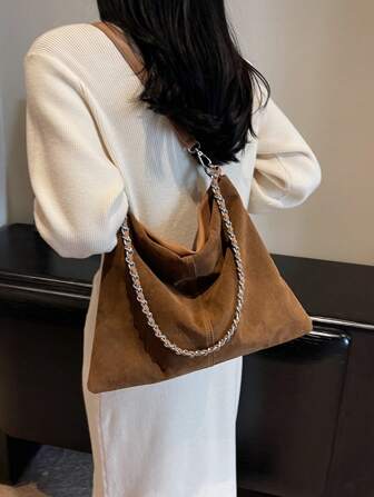 Vintage Soft Suede Leather Chain Shoulder Bag, Large Capacity For Women, Suede Purse, Newest Fashionable Suede Bag For Women