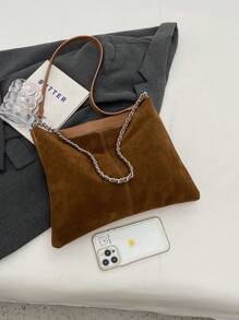 复古柔软绒面革链条单肩包，大容量女士包，时尚绒面革钱包 - 棕色 - 查看 3