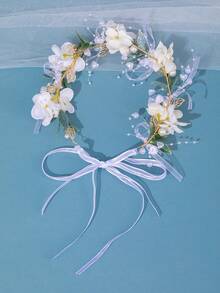 1 vòng hoa bướm hồng lãng mạn và vòng lá xanh, phụ kiện phong cách công chúa cho tiệc theo chủ đề thiên nhiên, quà tặng sinh nhật hoặc lễ hội - trắng - Xem 4