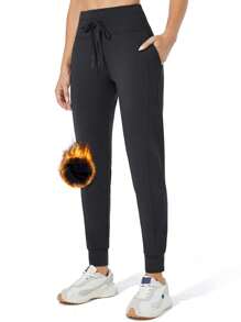 ZUTY 女式高腰保暖内衬慢跑裤防水运动裤徒步跑步冬季保暖裤带口袋 - 黑色 - 查看 6