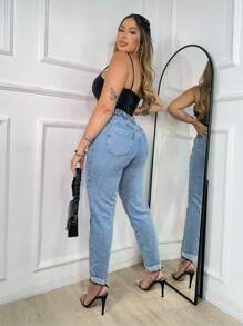 Women's Jeans With Elastic Waistband FASHION - 淺色水洗藍 - 查看 3