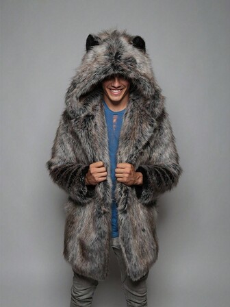 Men's Faux Fur Hooded Jacket, Mid-Length, Natural Fur Texture In Gray And Brown Tones, Fluffy And Soft, Wolf Ear Design On Hood, Loose Fit For Street Casual, Retro And Wild Style, Suitable For Holidays, Daily Wear, Travel, Outdoor, Parties, Home