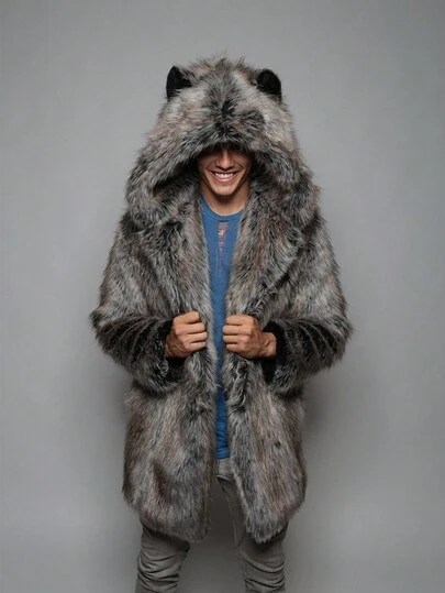 Men's Faux Fur Hooded Jacket, Mid-Length, Natural Fur Texture In Gray And Brown Tones, Fluffy And Soft, Wolf Ear Design On Hood, Loose Fit For Street Casual, Retro And Wild Style, Suitable For Holidays, Daily Wear, Travel, Outdoor, Parties, Home