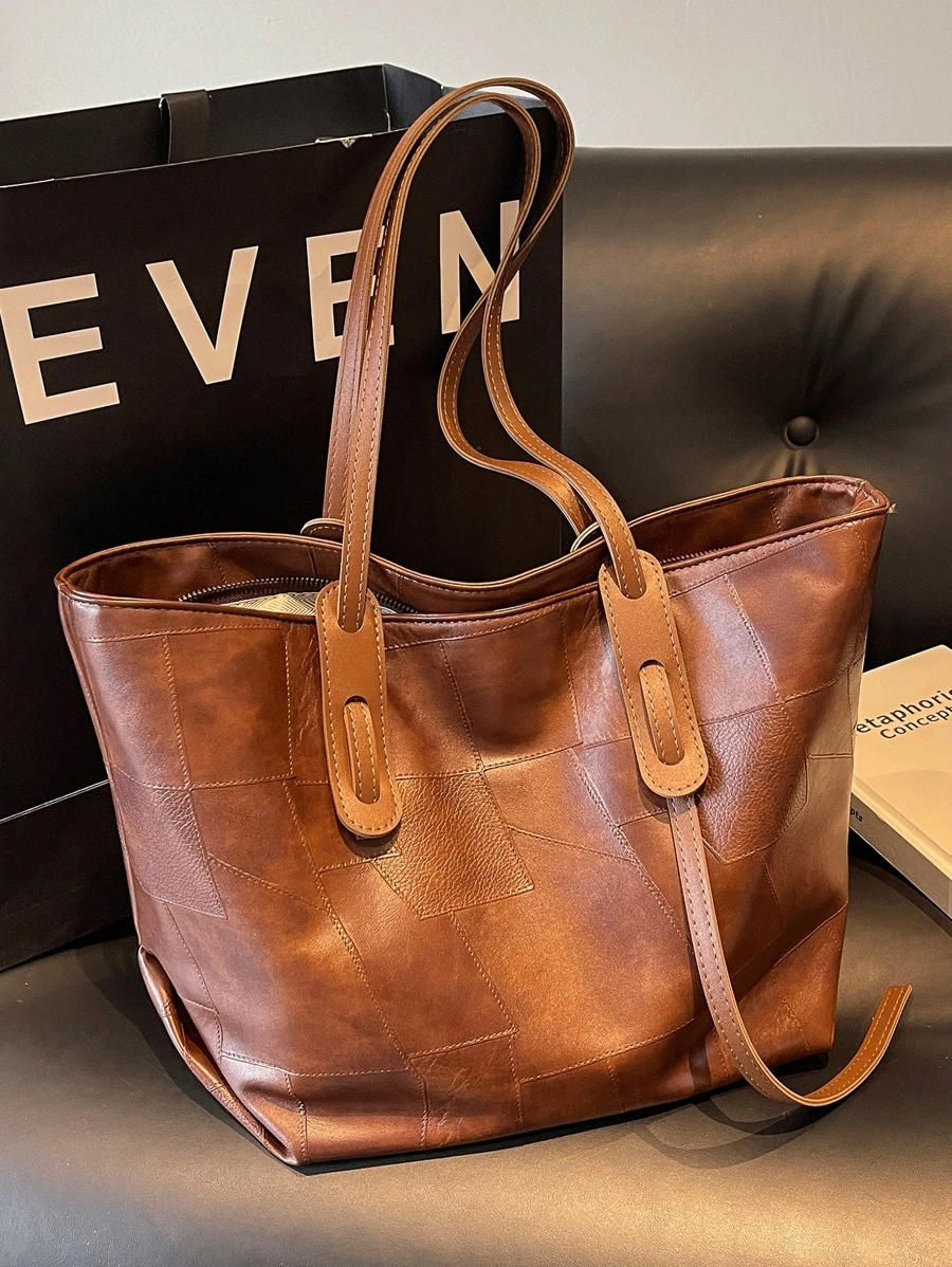 Năm 2024, Túi Tote Đeo Vai Có Quai Đôi, Sức Chứa Lớn, Chất Liệu Vải PU Chống Thấm Nước Kiểu Dáng Cổ Điển Joker, Thiết Kế Lưới Kim Cương, Kiểu Dáng Retro Thời Trang Mới Phù Hợp Để Đi Mua Sắm. - Cà phê nâu - Xem 1