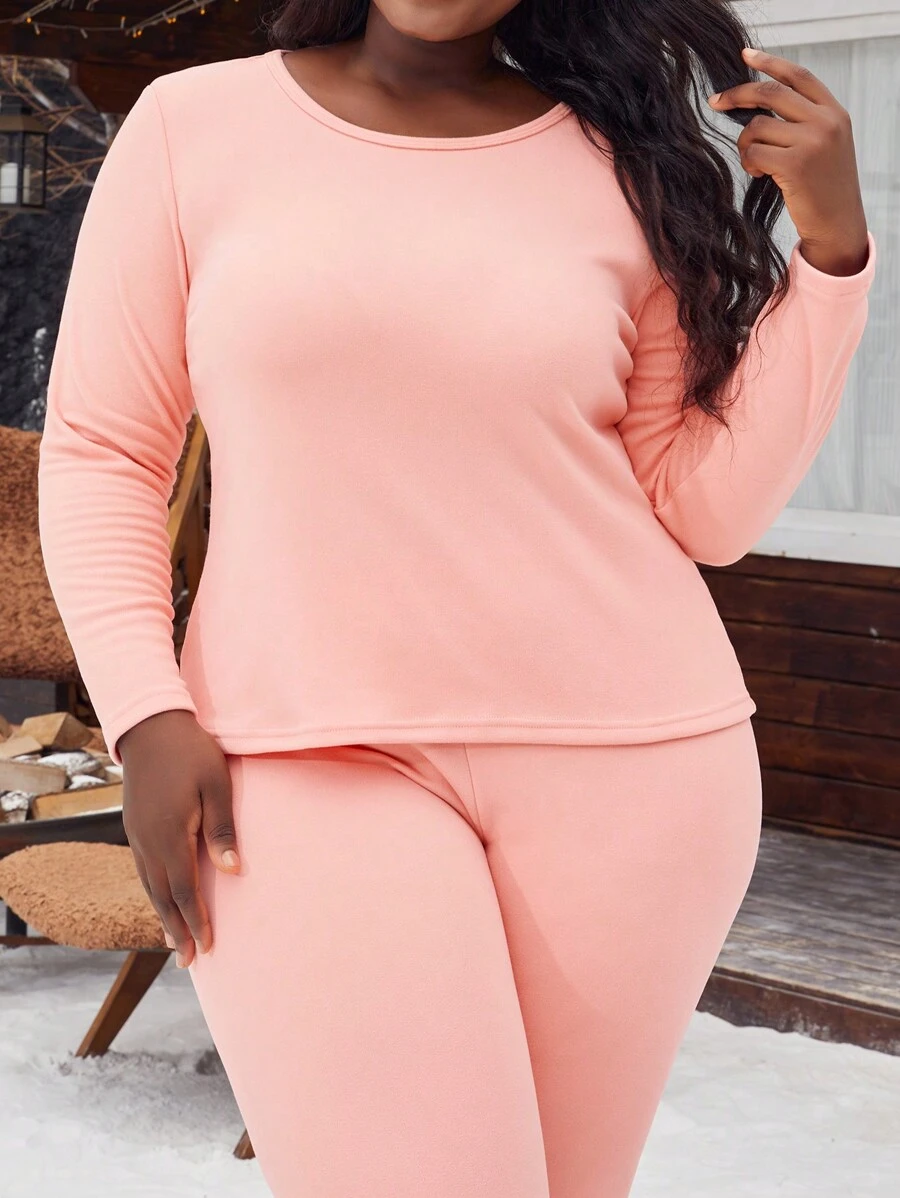 Set de 2 bucăți pentru femei, mărime mare, călduroasă, confortabilă, cu mânecă lungă, top cu gât și pantaloni de jogger, set de pijamale, îmbrăcat și slăbit, roz drăguț, îmbrăcăminte confortabilă pentru toamnă/iarnă - Roz - Vizualizare 1