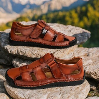 Men's Retro Brown Faux Leather Sandals - Non-Slip Rubber Sole, Comfortable Handmade Slides For Outdoor Hiking, Trekking, Beach Wear | Spring/Summer/Autumn