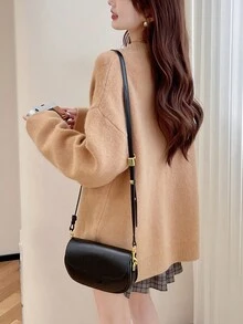 Solid Drop Shoulder Oversized Cardigan - Khaki - View 2