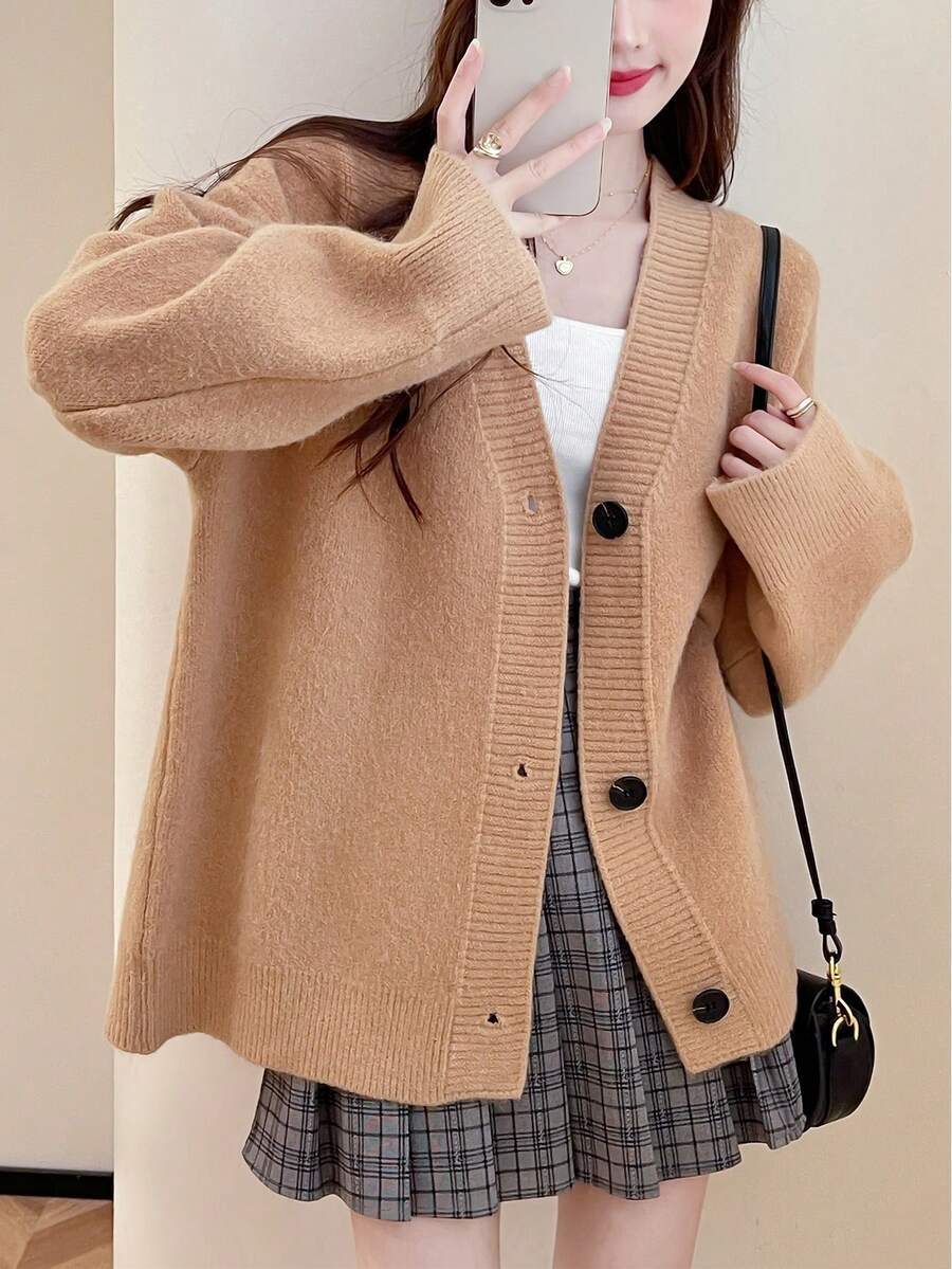 Solid Drop Shoulder Oversized Cardigan - Khaki - View 1