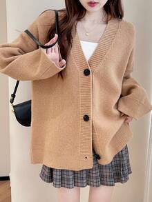 Solid Drop Shoulder Oversized Cardigan - Khaki - View 3