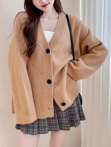 Solid Drop Shoulder Oversized Cardigan - Khaki - View 4