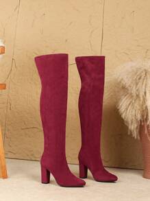 Fashionable Over-The-Knee Stretch Boots, Autumn/Winter New Sexy Round Toe High Heel Slim Suede Chunky Heel Long Boots, - Red - View 4