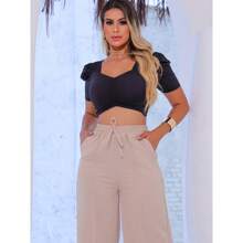 Duna Women's Wide Leg Pants With Elastic Waist And Pockets, High Waist - 駝色 - 查看 4