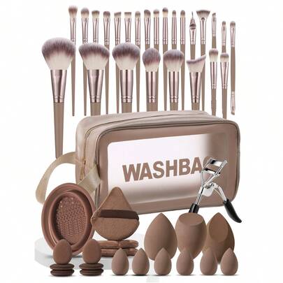 46件套专业化妆刷套装，包含25支化妆刷（粉底刷、散粉刷、腮红刷、高光刷、眼影刷、睫毛刷、眼线刷、轮廓刷、细节刷）、3个化妆海绵、3个三角散粉海绵、6个指套海绵、6个迷你化妆海绵、1个刷子清洁碗、1个防水化妆包/收纳袋、1个睫毛夹。适合初学者使用，是化妆刷套装、化妆刷套装、化妆刷套装、完整化妆套装、化妆刷套装、化妆刷套装、化妆礼盒、套装、赠品、专业化妆刷、完整化妆套装的理想之选。