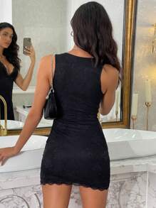 1pc Solid Color Deep V-Neck Lace Panel Split Sexy Sleeveless Dress - Black - View 2