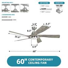 60 Inch Farmhouse Ceiling Fans With Lights And Remote Control Blades 6-Speed For Outdoor Indoor For Halloween Christmas Gift - Khaki - View 3