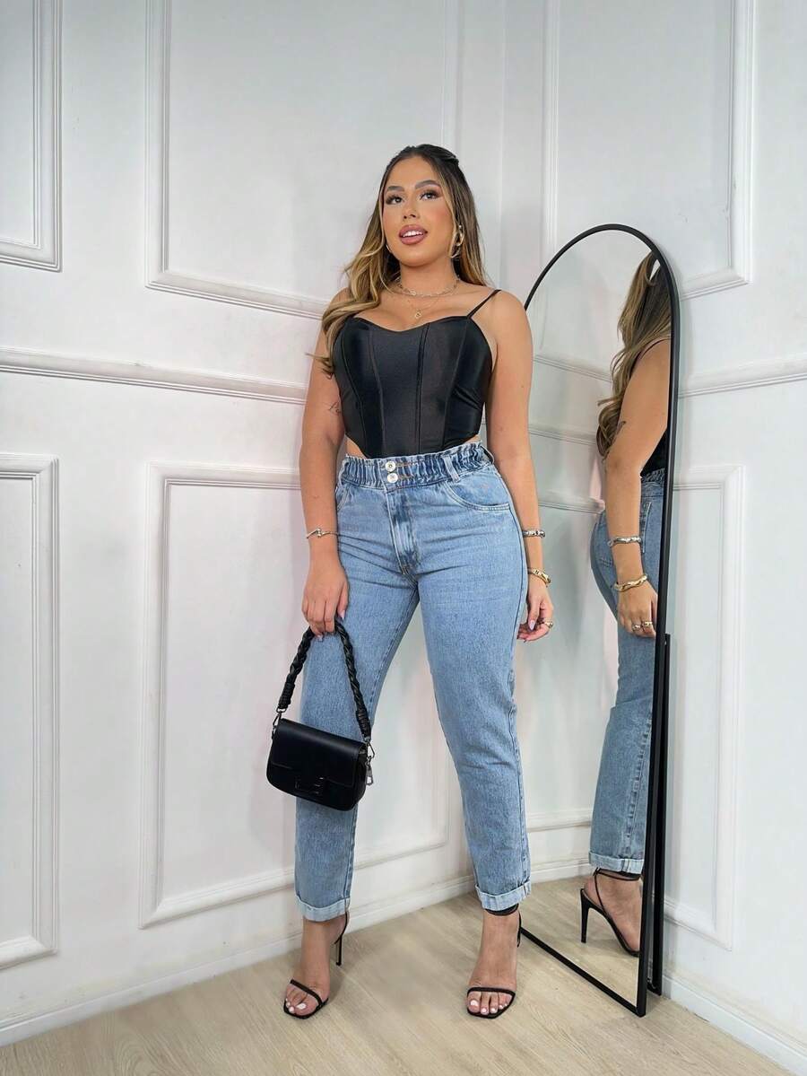 Women's Jeans With Elastic Waistband FASHION - 淺色水洗藍 - 查看 1