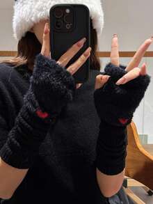 1 para Y2K puszystych serduszek dzianinowych długich bezpalcowych rękawiczek, słodkie słodkie jesienne zimowe modne otwarte rękawiczki, ciepłe i wygodne mankiety, odpowiednie do codziennego noszenia na Boże Narodzenie - A - Zobacz 2