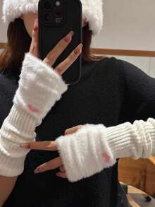 1 para Y2K puszystych serduszek dzianinowych długich bezpalcowych rękawiczek, słodkie słodkie jesienne zimowe modne otwarte rękawiczki, ciepłe i wygodne mankiety, odpowiednie do codziennego noszenia na Boże Narodzenie - A - Zobacz 5