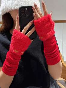 1 para Y2K puszystych serduszek dzianinowych długich bezpalcowych rękawiczek, słodkie słodkie jesienne zimowe modne otwarte rękawiczki, ciepłe i wygodne mankiety, odpowiednie do codziennego noszenia na Boże Narodzenie - A - Zobacz 6