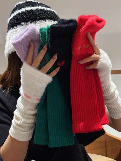 1 Pair Y2K Fluffy Heart Knitted Long Fingerless Gloves, Cute Sweet Autumn Winter Fashion Open Finger Mittens, Warm And Comfortable Cuff Sleeve, Suitable For Daily Wear Christmas