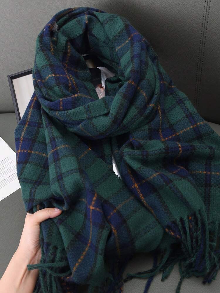 1 件女式复古格子图案，加大码，休闲，优雅流苏饰边，仿羊绒温暖简约时尚围巾披肩，适合日常使用配饰女士冬季秋季 - 彩色 - 查看 1
