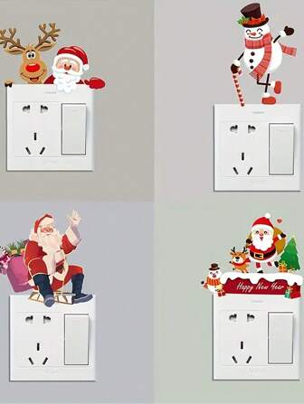 4pcs/Set Christmas Joy Removable Switch Stickers - Funny Santa Claus And Snowman Wall Decals - Light Switch, Window Decor, Home Holiday Christmas DIY Art Stickers,Christmas