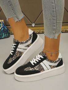 春秋新款时尚大码 36-43 系带厚底休闲运动鞋，黑金混色，日常舒适户外运动鞋，随机花卉图案 - 彩色 - 查看 6