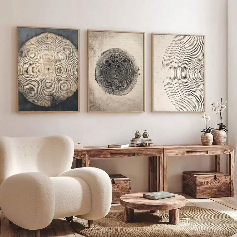 Set Of 3 Unframed Retro Tree Ring Stump Rustic Art Poster Boho Minimalist Farmhouse Cabin Decor Painting Canvas Print Vintage Aesthetic Wall Picture For Dorm,Apartment,Office ,Living Room,Bedroom,Modern Home Decoration - Multicolor - View 1