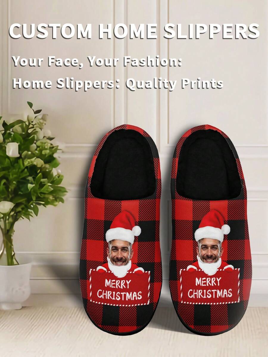 1 Pair Christmas Custom Home Slippers, Personalized Santa Photo Home Slippers, Custom Christmas Hat Thick Sole Home Slippers, Personalized Home Slippers, Photo Home Slippers, Personalized Home Slippers For Women And Men, Personalized Home Slippers, Christmas Gift, Groomsman Gift, Anniversary Gift, Valentine Gift, Birthday Gift, Wedding Gift, Best Friend Gift, Gift For Mom/Dad/Her/Him/Girlfriend/Boyfriend/Wife/Husband/Friend - Black - View 1