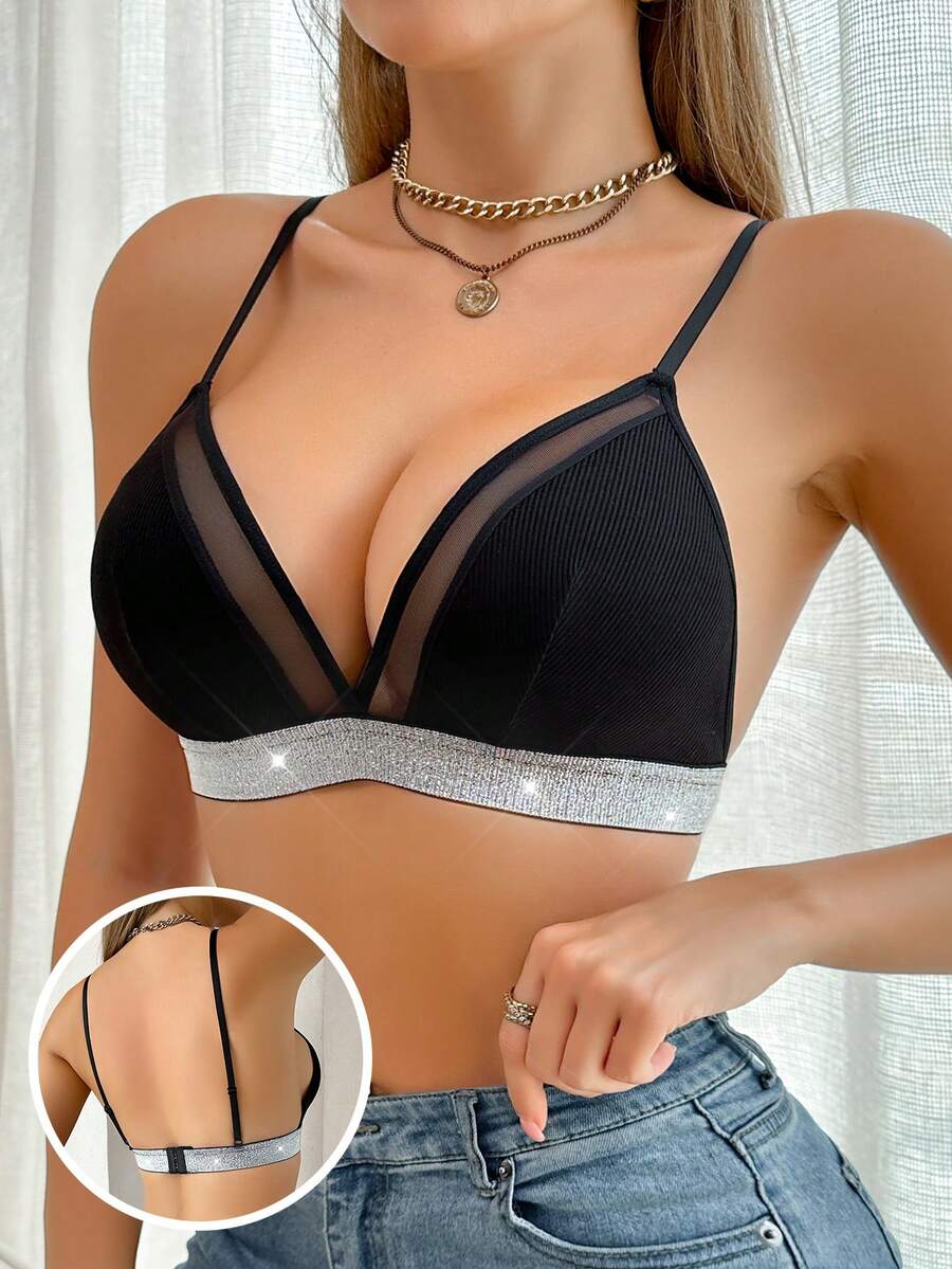 Women's Sexy Wireless Bra With Mesh Splice & Shiny Silver Ribbon Decoration, Comfortable Thin Style - Black - View 1
