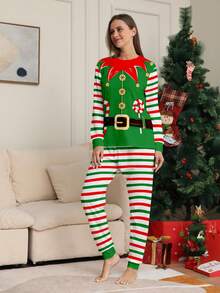 2件套女士圣诞新款绿红条纹印花长袖上衣和裤子休闲家居睡衣套装，秋冬服装 - 彩色 - 查看 5