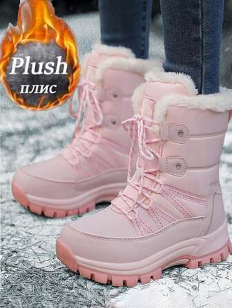 2024 Women Winter Boots, Thermal Lined Snow Boots, Fashion Mid-Calf Outdoor Lace-Up Sports Hiking Boots, Casual Winter Boots