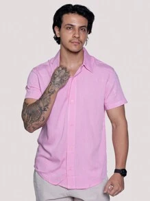 Linen Shirt Short Sleeve Formal Summer Fresh Italian Collar Elegant In Visco-Linen - Màu hồng gỉ - Xem 1