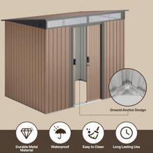 Lofka 8' X 6' Outdoor Storage Shed, Versatile Metal Garden Shed, Outdoor Storage Tool Shed, With Sliding Doors, Transparent Panel Windows, Anchors, Outdoor Storage Shed For Backyard, Patio - màu nâu - Xem 7