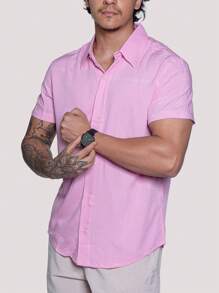 Linen Shirt Short Sleeve Formal Summer Fresh Italian Collar Elegant In Visco-Linen - Màu hồng gỉ - Xem 3