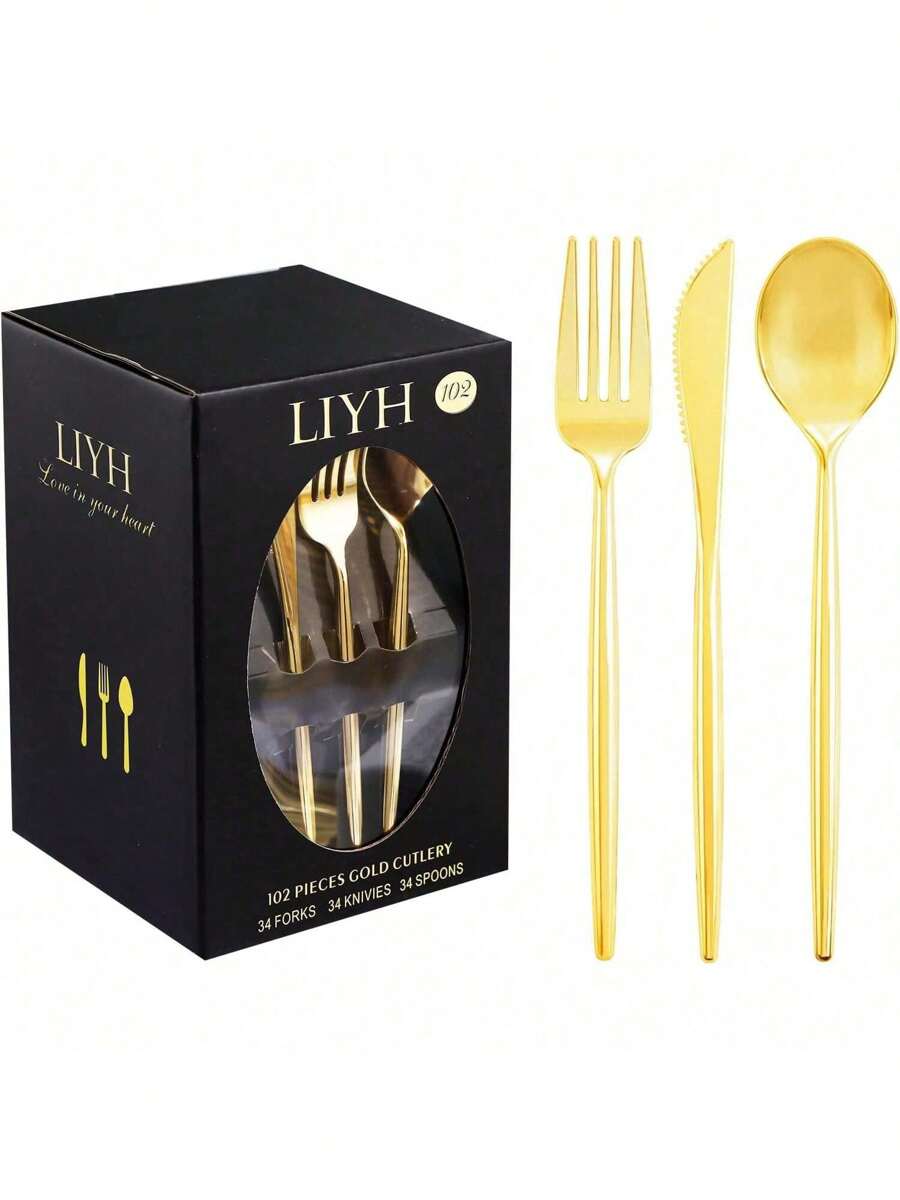 102pcs Gold Plastic Silverware, Disposable Utensils With Heavy Duty Design For Fancy Parties, Disposable Gold Forks,Disposable Gold Silverware Spoon Suit For Weddings, Events & Decorations , Festival, Party ,Christmas Party Christmas Decor Christmas Decorations Christmas Gifts And Decor Decorations S