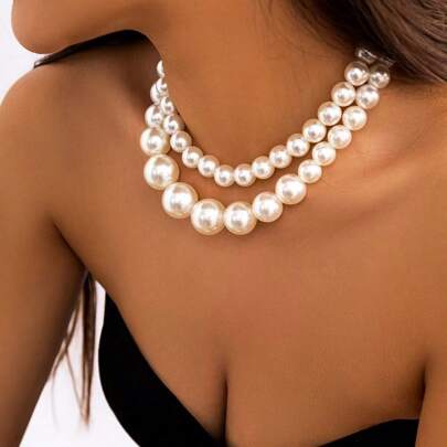 2pcs Retro Exaggerated Big Pearl Decor Dual Layer Beaded Choker Necklace Set