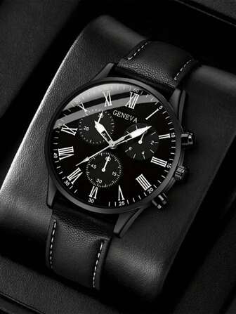 Reloj de cuarzo casual deportivo con correa de cuero negro, esfera con números romanos y diseño minimalista de tres ojos falsos, moda para hombres. Mejor regalo para el Día del Padre y para estudiantes que regresan a la escuela