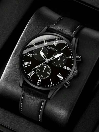 Stylish Simple Business Fake Three-Eye Digital Roman Pointer Black Leather Men's Watch Casual Sports Men's Quartz Watch Give Dad The Most Beautiful Gift For Father's Day As A Gift For Students Returning To School