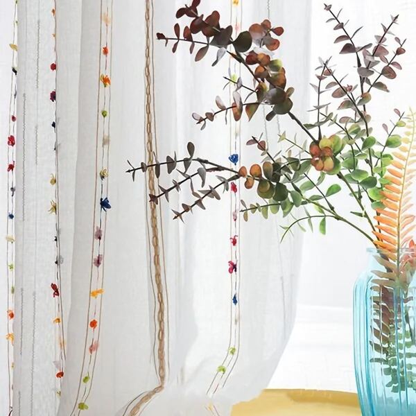 1pc Cute & Simple Rainbow Striped Sheer Curtain, Rod Pocket Design, Lightweight Fabric, Soft & 3D, Linen-Like Texture, Natural Lighting Filter, Nordic Modern Home Window Decor, Suitable For Bedroom, Living Room, Dining Room, Office